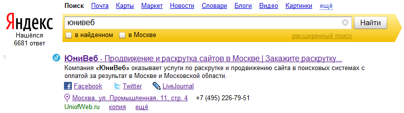 Пример сниппета в выдаче Яндекса