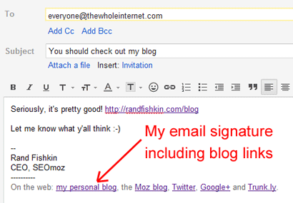 Пример включения ссылки на блог в подписи письма